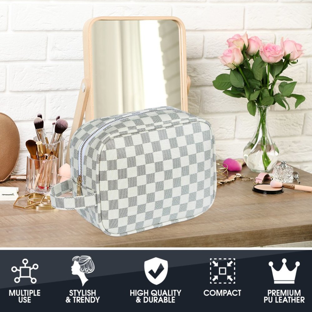 Luxouria Leather Checkered Makeup Bag  (White)